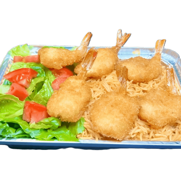 1 Pcs Whiting Fish & 4 Jumbo Shrimps Over Rice salad soda