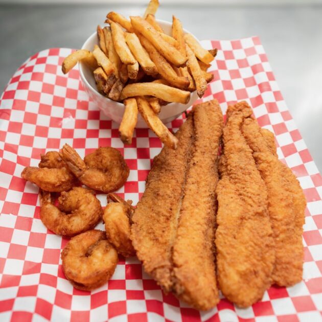 Two Pieces Whiting Fish & 6 Jumbo Shrimps Over Rice & Soda