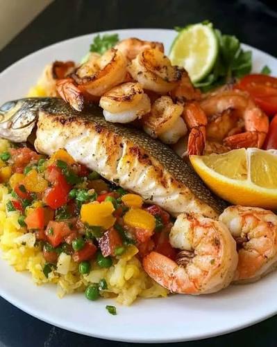 1 Pcs Grilled Fish & Grill Shrimp Over Rice & Salad & Soda